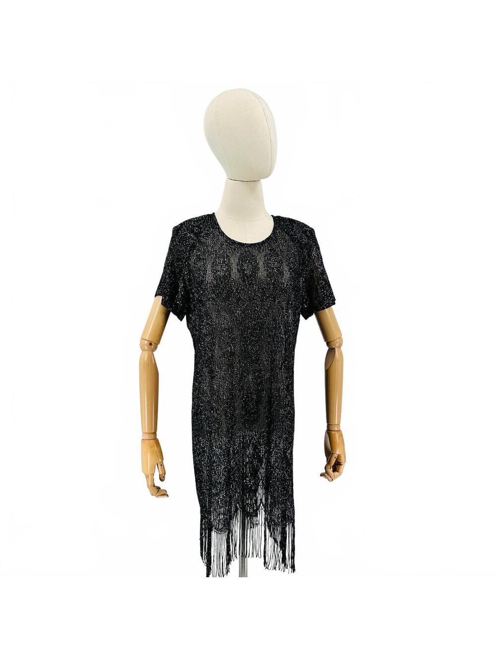Vintage 80s Sharade Nites Black Flapper Fringe Sheer Dress